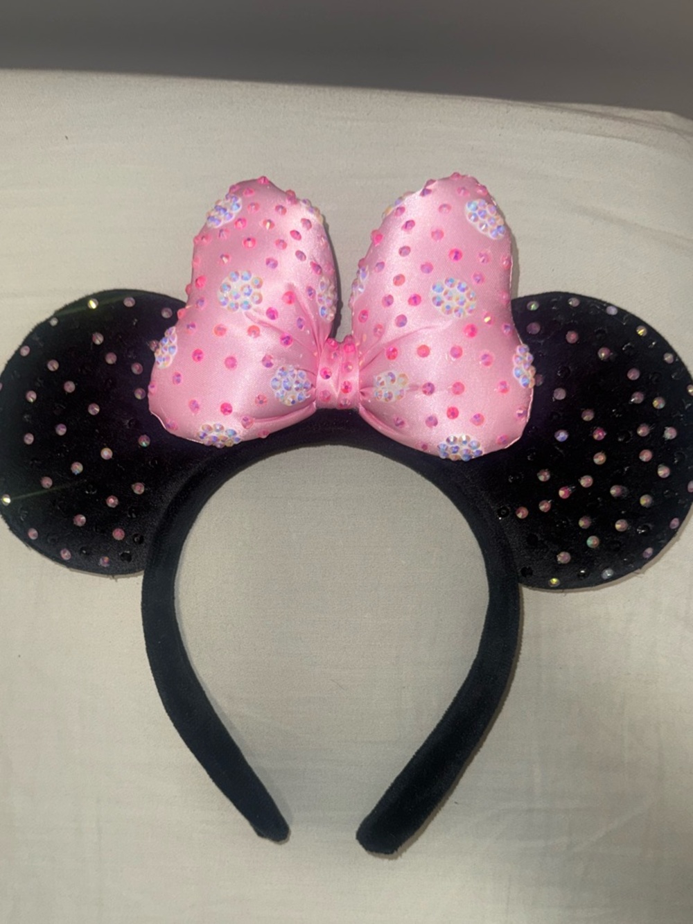 Custom rhinestoned Black Mouse Ear Headband with Pink Bow